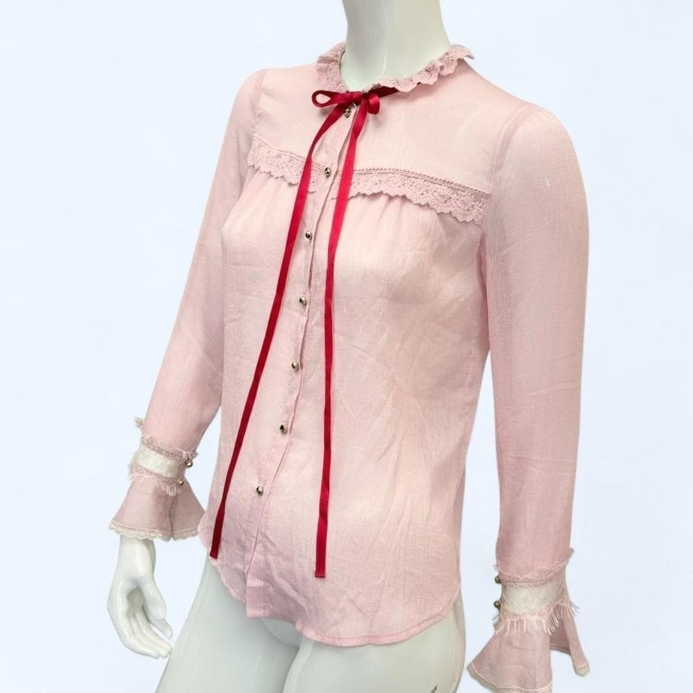 Maxrieny Pink Sheer Lace Blouse Ribbon Tie Ruffle Coquette‎ Womens M